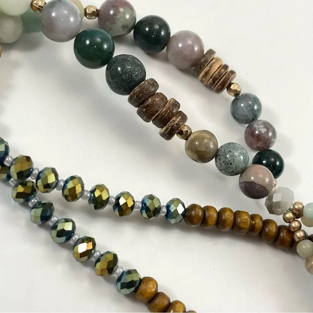 Worthington Wood Glass Stone Beaded Necklace Silk Tassel End Statement Boho